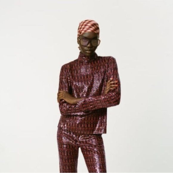 Zara Top M Sequin High Collar Mock Neck Long Sleeve Slit Cuff Party - Picture 15 of 15